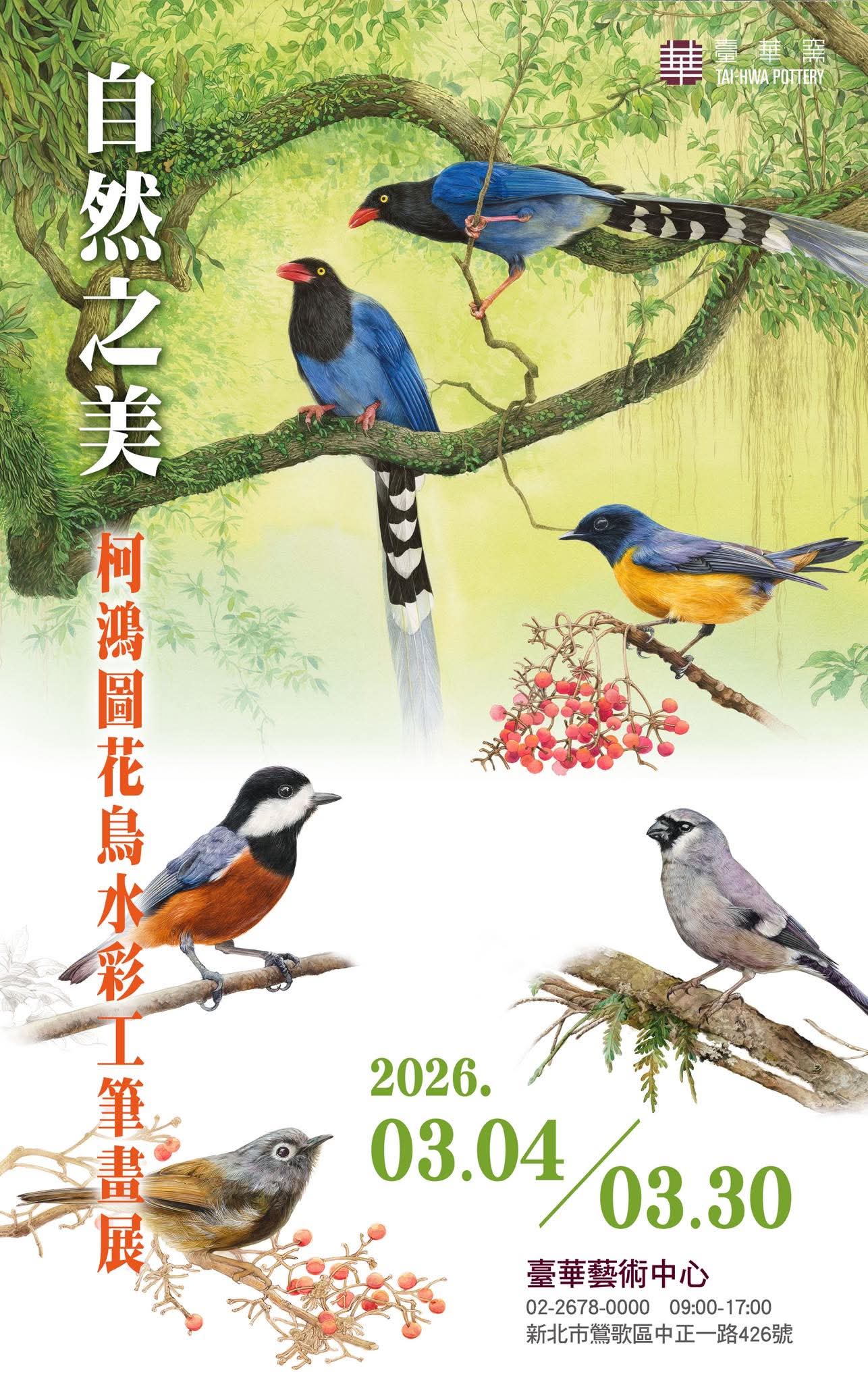 鶯歌藝術地標新展！《柯鴻圖花鳥水彩展》3月登場：台灣特有種鳥類躍上保溫瓶，驚艷視覺的生態饗宴